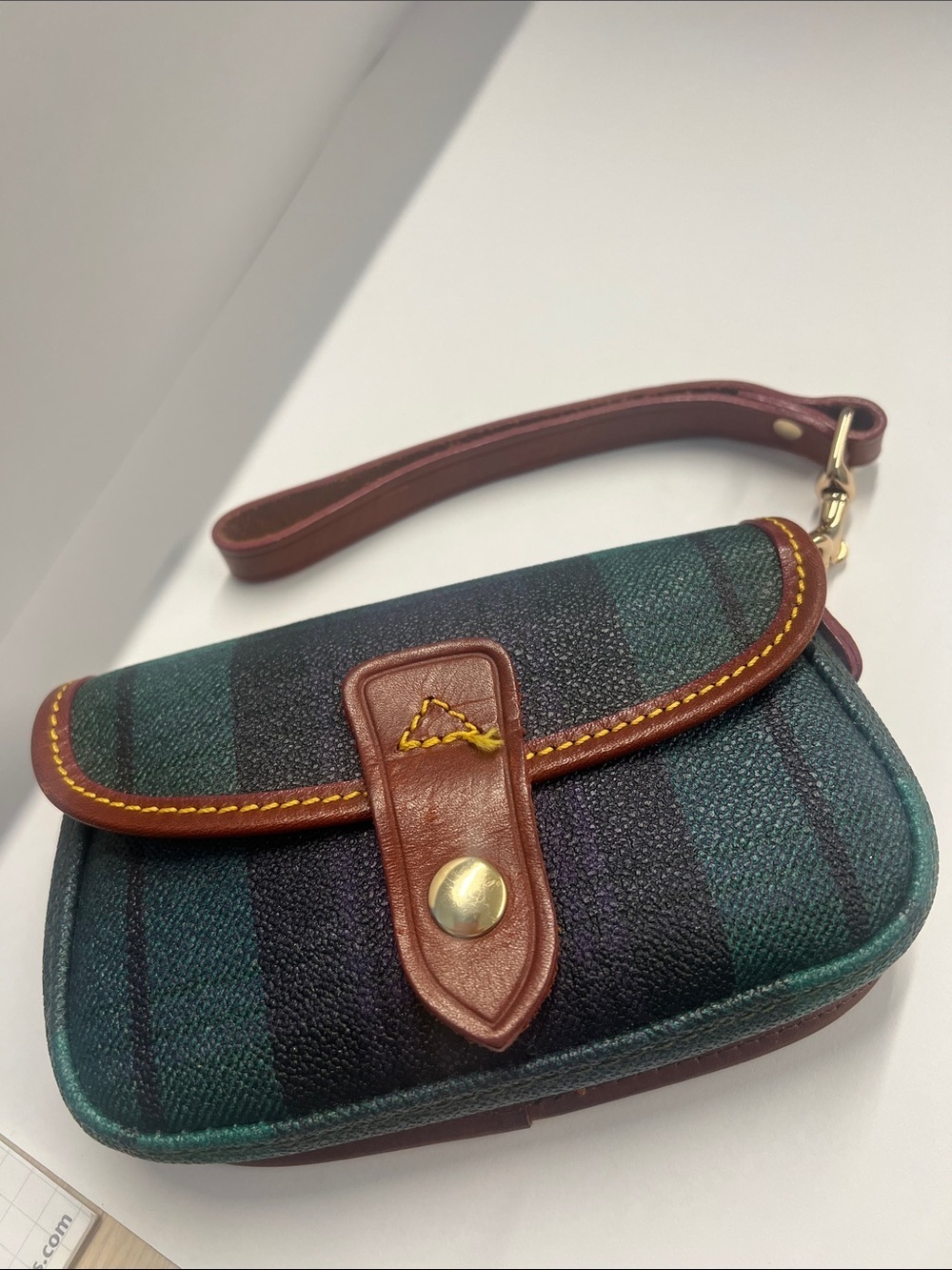 Dooney & Bourke Blackwatch Coated Tartan Plaid Green Black Snap Wristlet